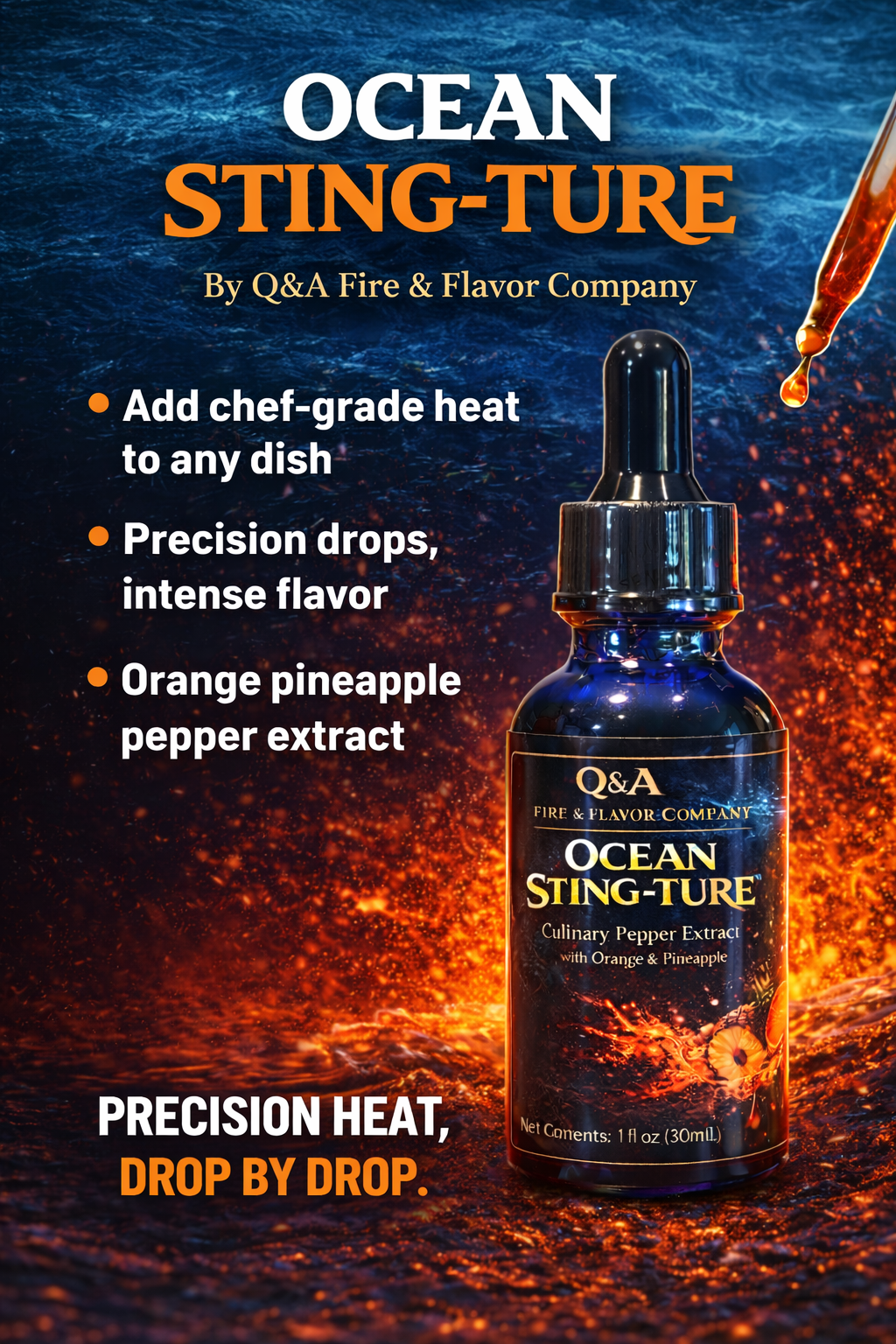 Ocean Sting-Ture Culinary Pepper Extract with Orange & Pineapple in a 1 fl oz blue glass dropper bottle.