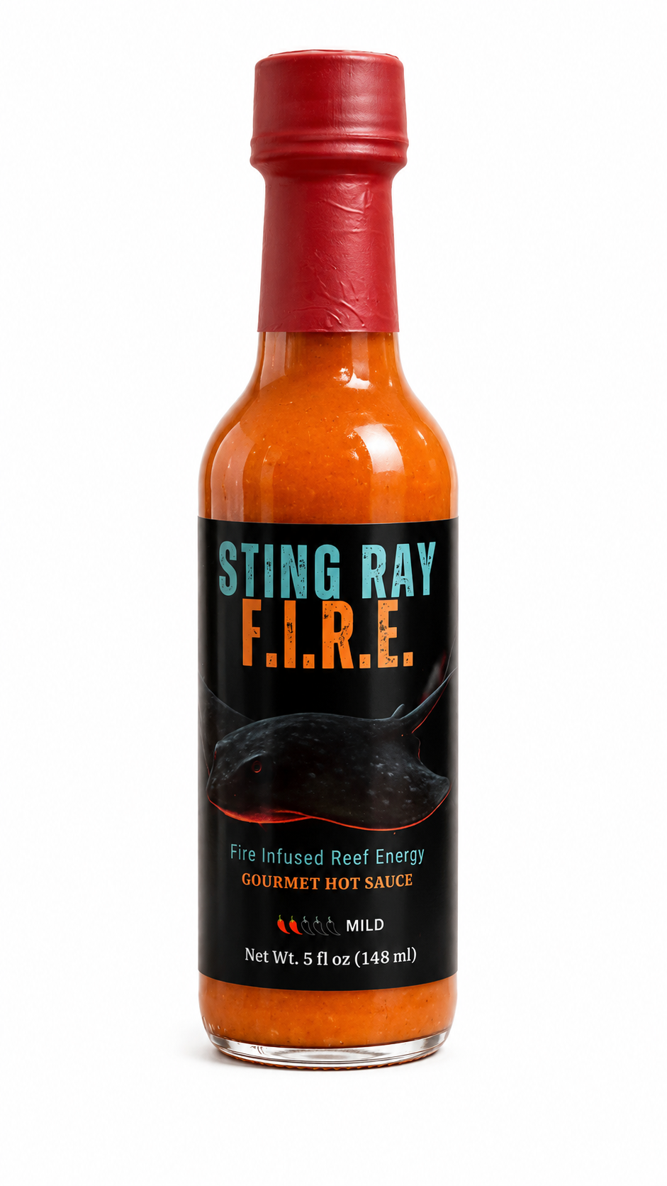 Sting Ray F.I.R.E. gourmet hot sauce bottle with blood orange, bourbon, red jalapeño and Thai chili