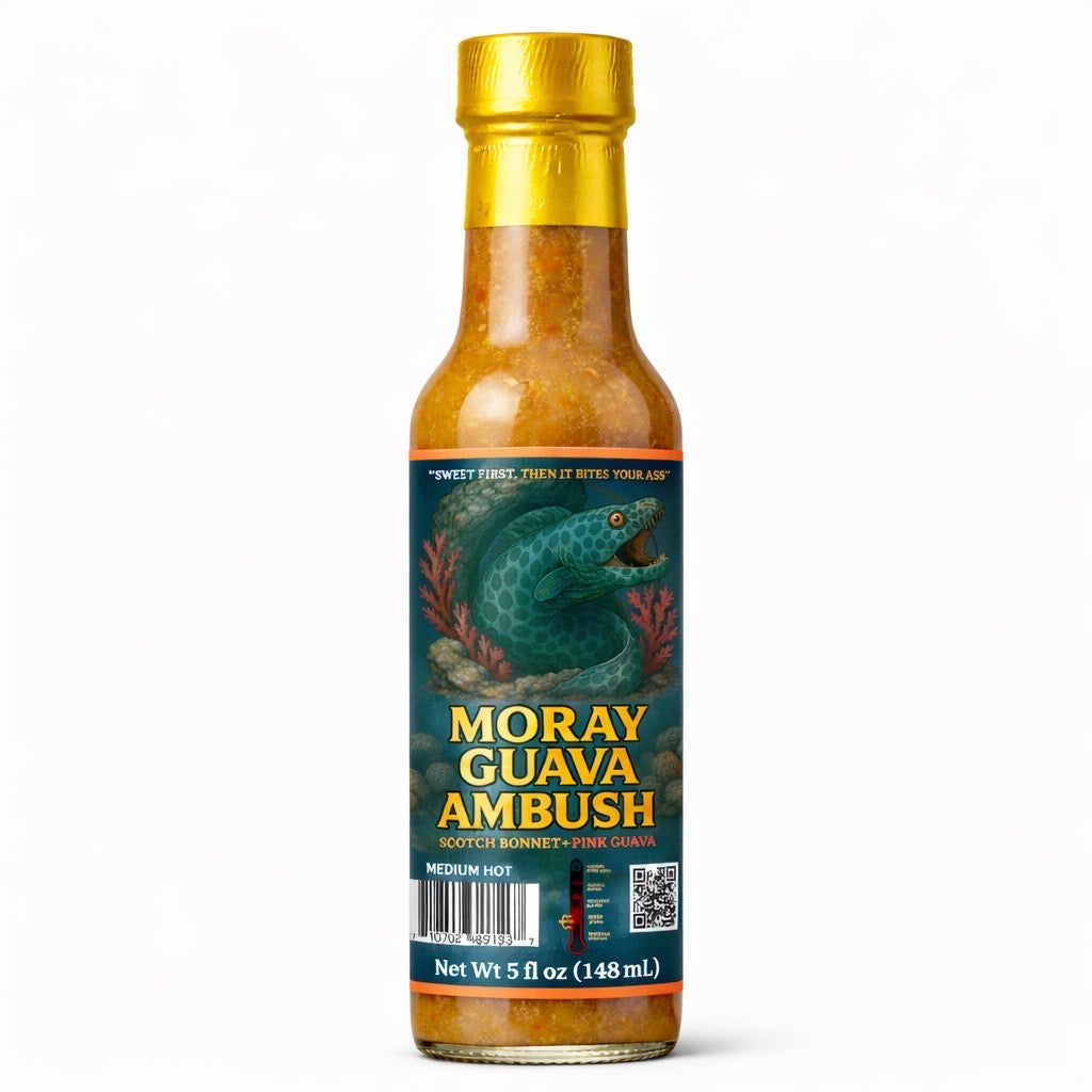 Moray Guava Ambush pink guava and Scotch Bonnet gourmet hot sauce bottle