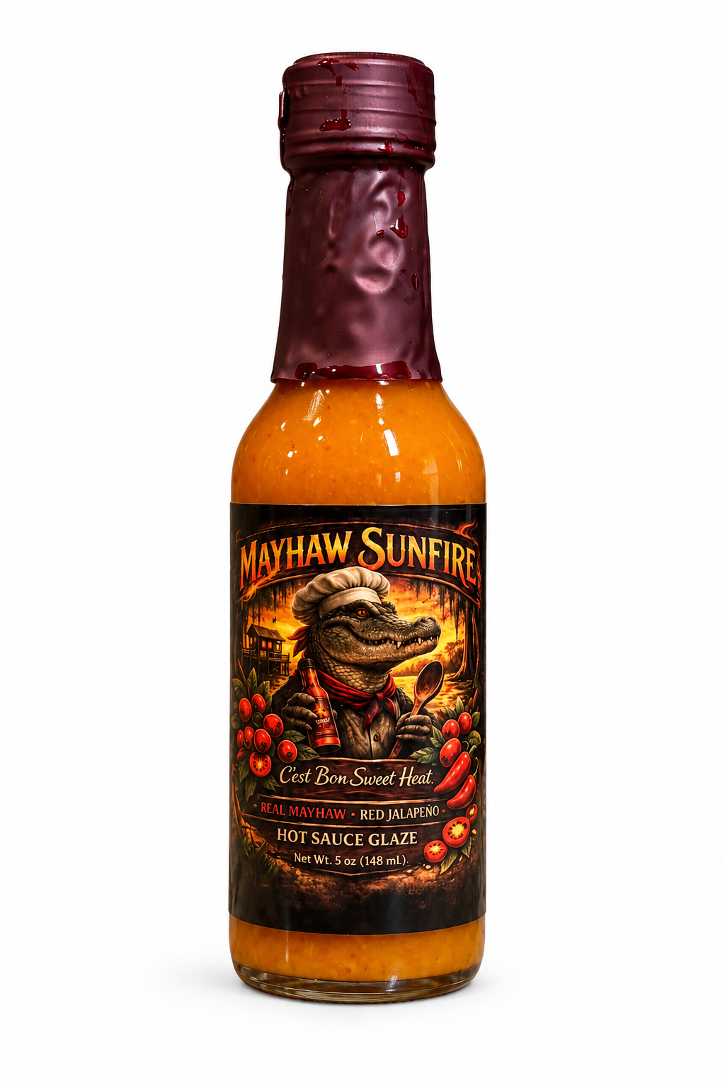 Mayhaw Sunfire award-winning mayhaw hot sauce bottle made with real mayhaw and red jalapeño