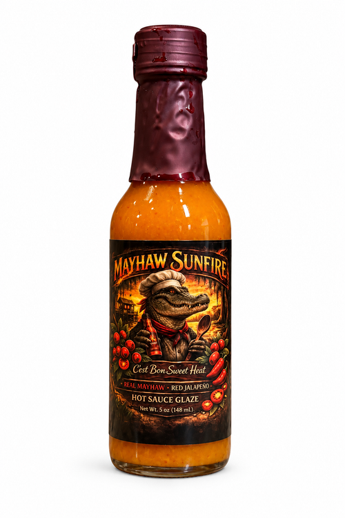 Mayhaw Sunfire award-winning mayhaw hot sauce bottle made with real mayhaw and red jalapeño