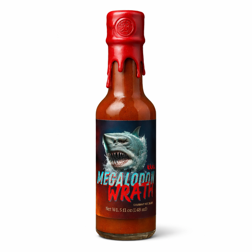 Megalodon Wrath extreme hot sauce bottle with megalodon shark artwork and red wax seal