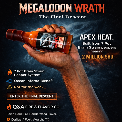 Megalodon Wrath promotional graphic with hot sauce bottle, 7 Pot Brain Strain peppers and extreme heat messaging