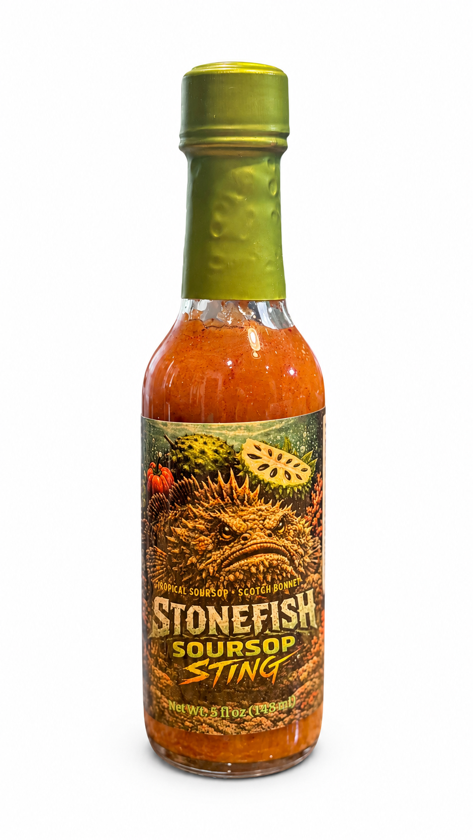 Stonefish Soursop Sting hot sauce bottle centered on a black branded background with repeating stonefish graphics and logo text