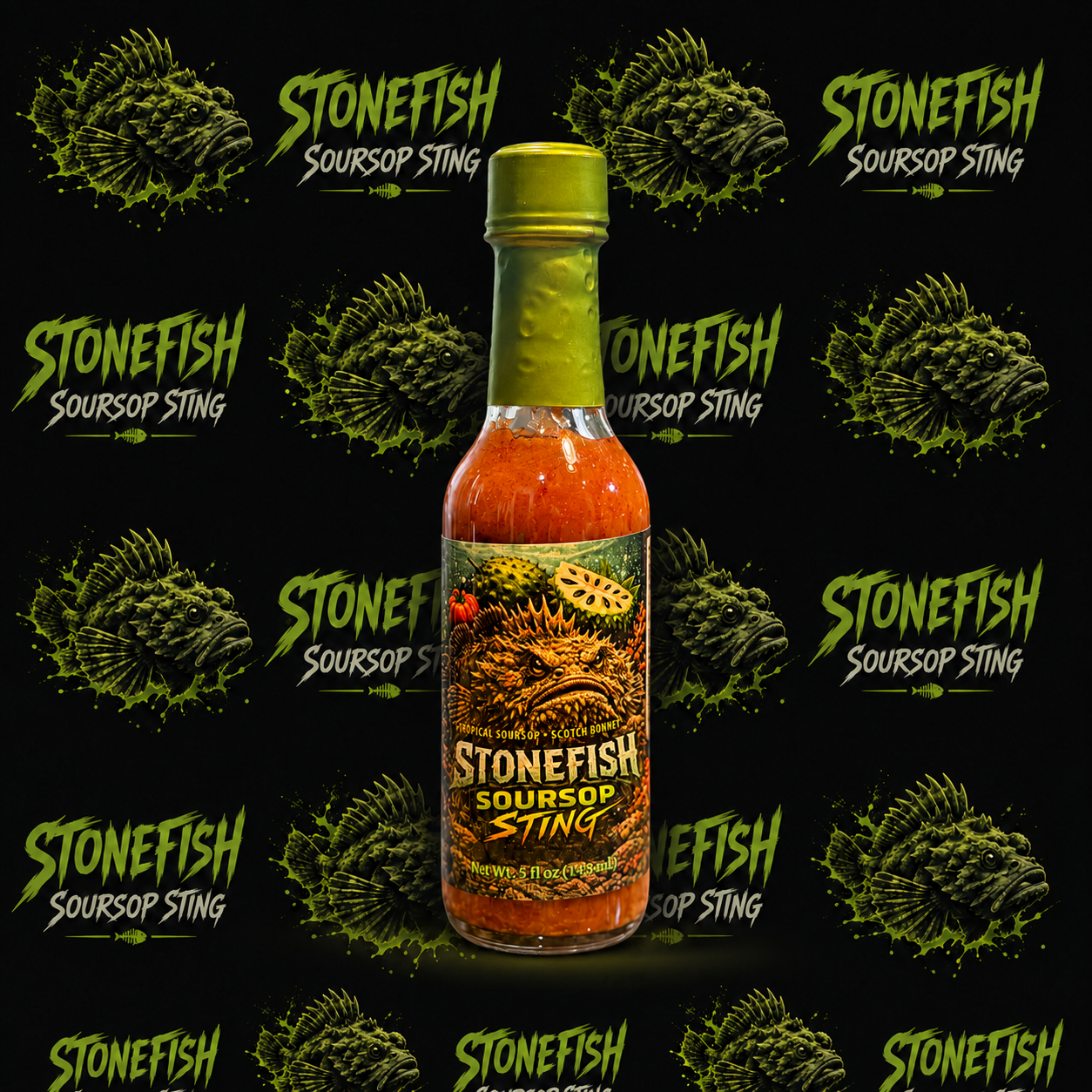 Stonefish Soursop Sting hot sauce bottle with stonefish artwork on a black branded background