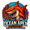 A colorful graphic logo featuring a roaring shark surrounded by coral and ocean waves, with the text 'OCEAN APEX HOT SAUCES' and 'QA FIRE AND FLAVOR COMPANY' below on a white background.