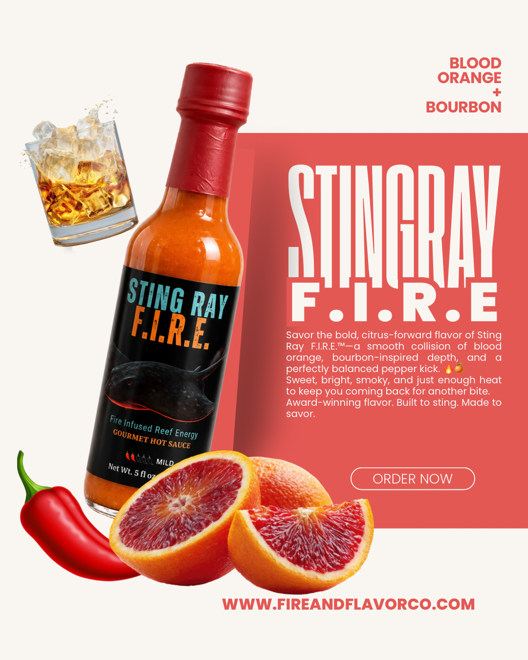 Sting Ray F.I.R.E. blood orange and bourbon gourmet hot sauce with citrus and red pepper